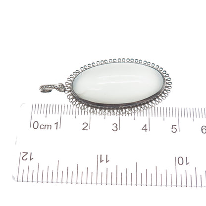 925 Sterling Silver Antique Art Deco Milky Glass Filigree Pendant