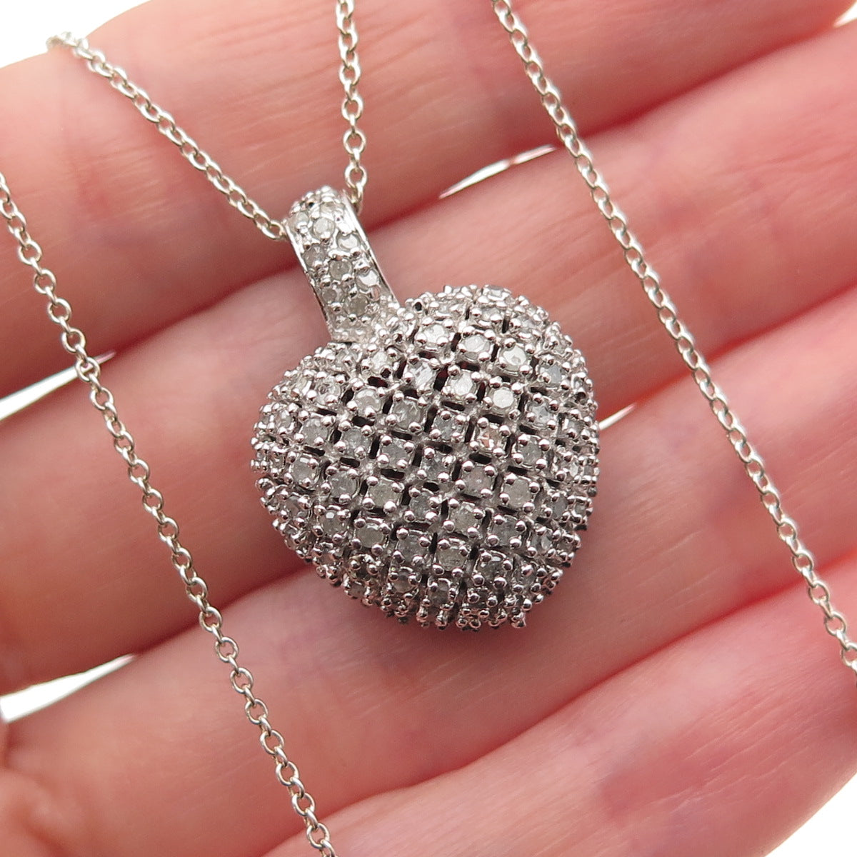 925 Sterling Silver Real Black & White Diamond Heart Cable Chain Necklace 18"