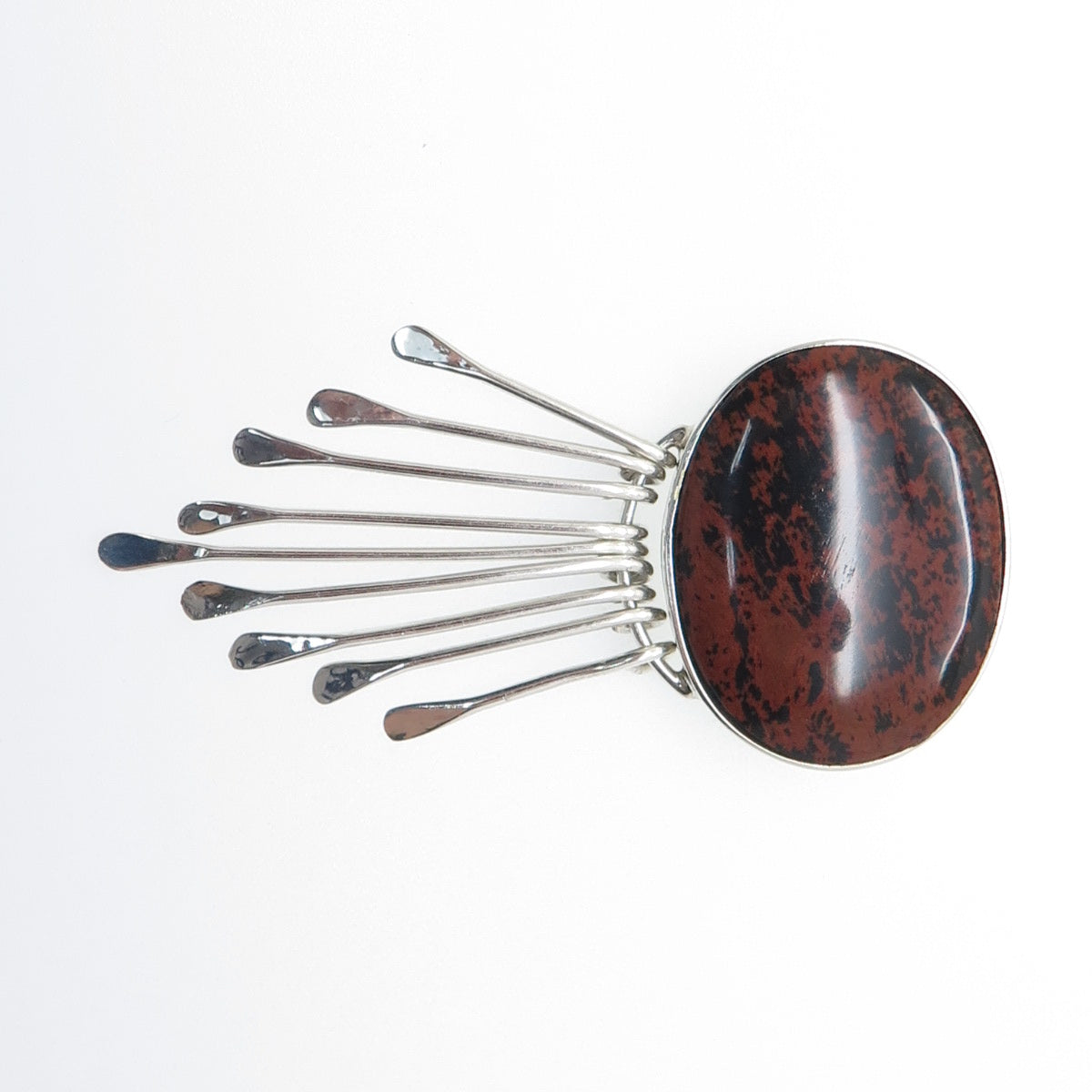 925 Sterling Vintage Mexico Real Mahogany Obsidian Modernist Pin Brooch Pendant