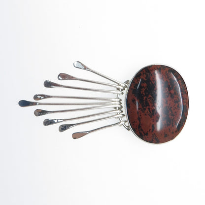 925 Sterling Vintage Mexico Real Mahogany Obsidian Modernist Pin Brooch Pendant