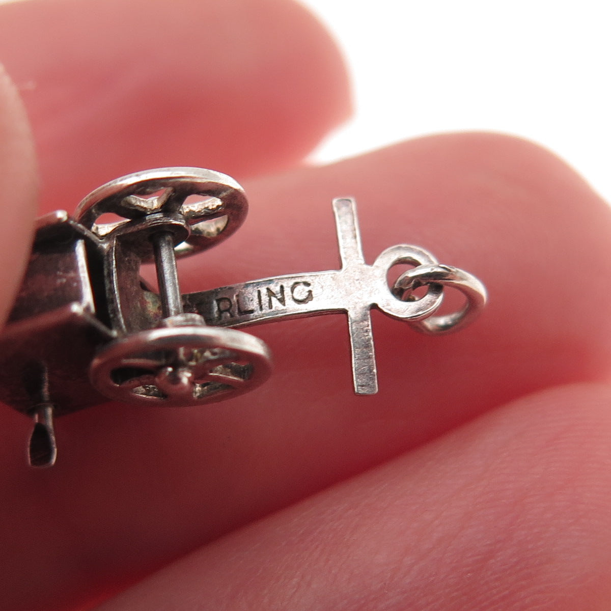 925 Sterling Silver Antique Art Deco Wheel Cart 3D Mini Charm Pendant