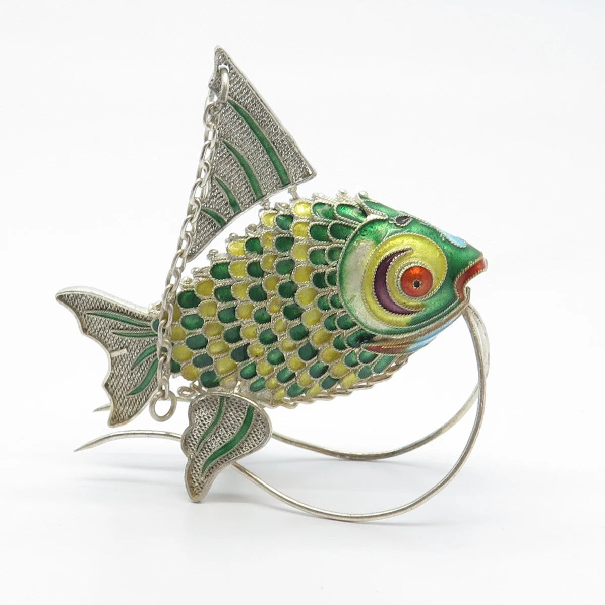 925 Sterling Silver Enamel Antique Chinese Fish Articulated Chatelaine Fob