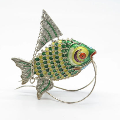 925 Sterling Silver Enamel Antique Chinese Fish Articulated Chatelaine Fob