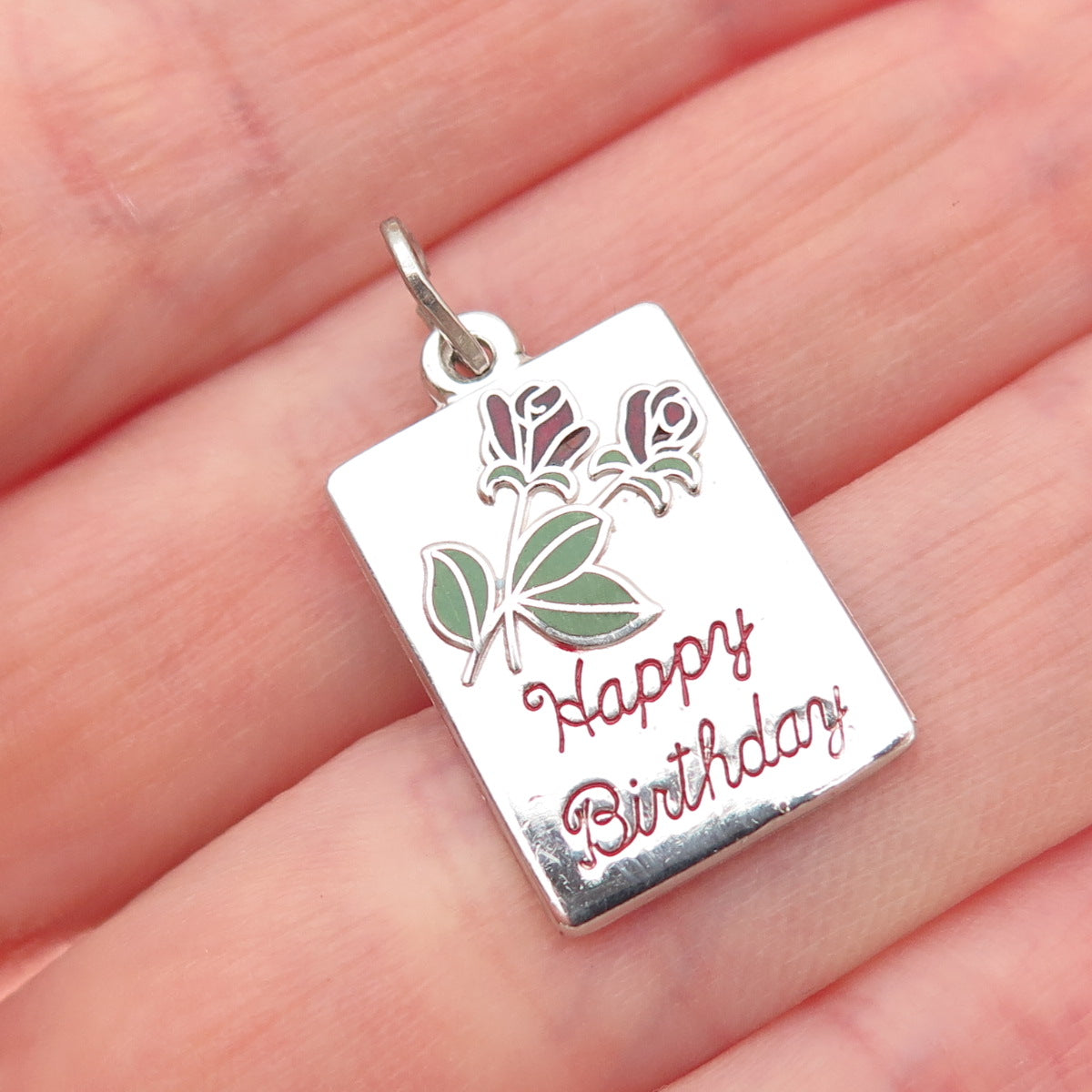 BEAU 925 Sterling Silver Vintage Enamel Happy Birthday Rose Mini Charm Pendant