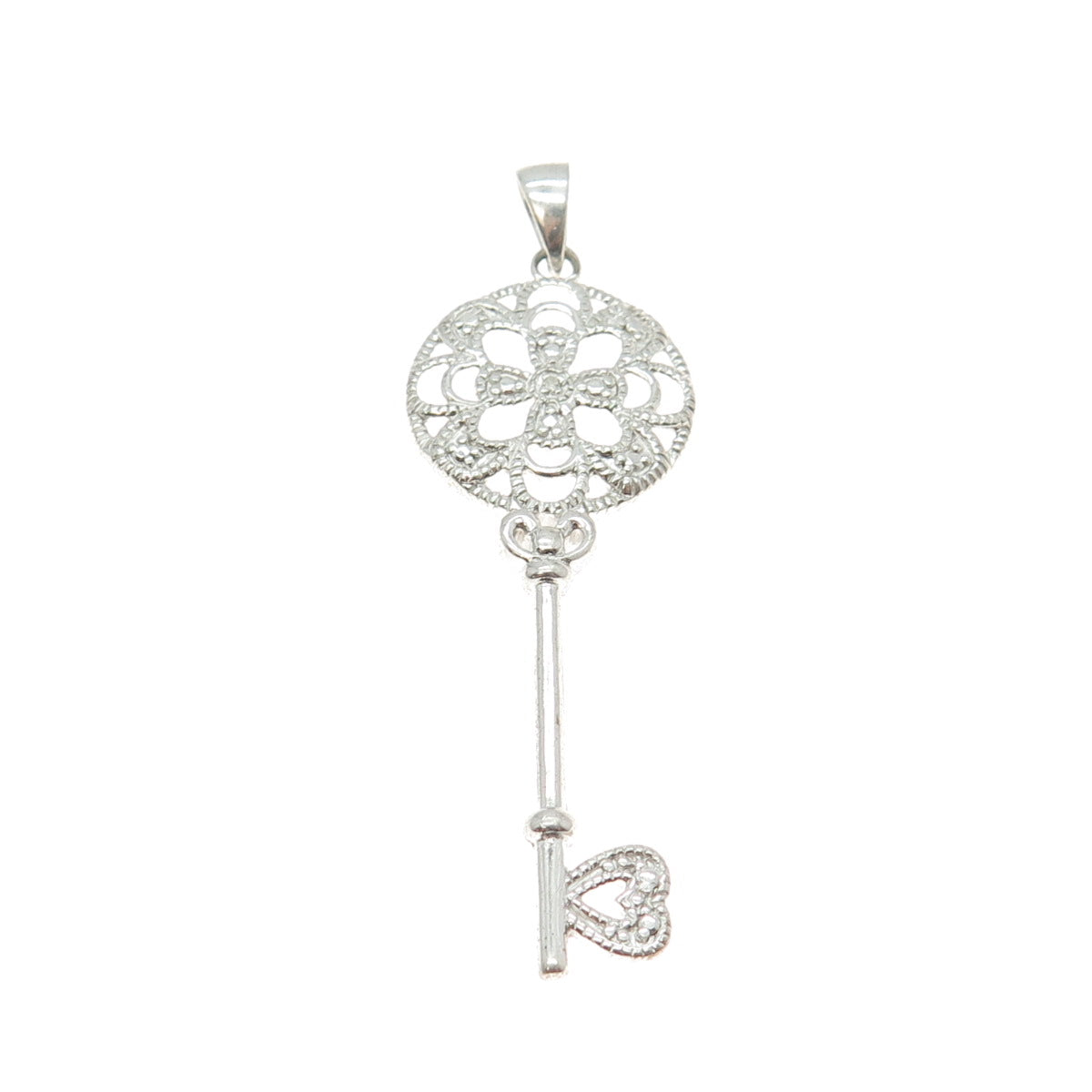 925 Sterling Silver Real White Diamond Ornate Key Pendant