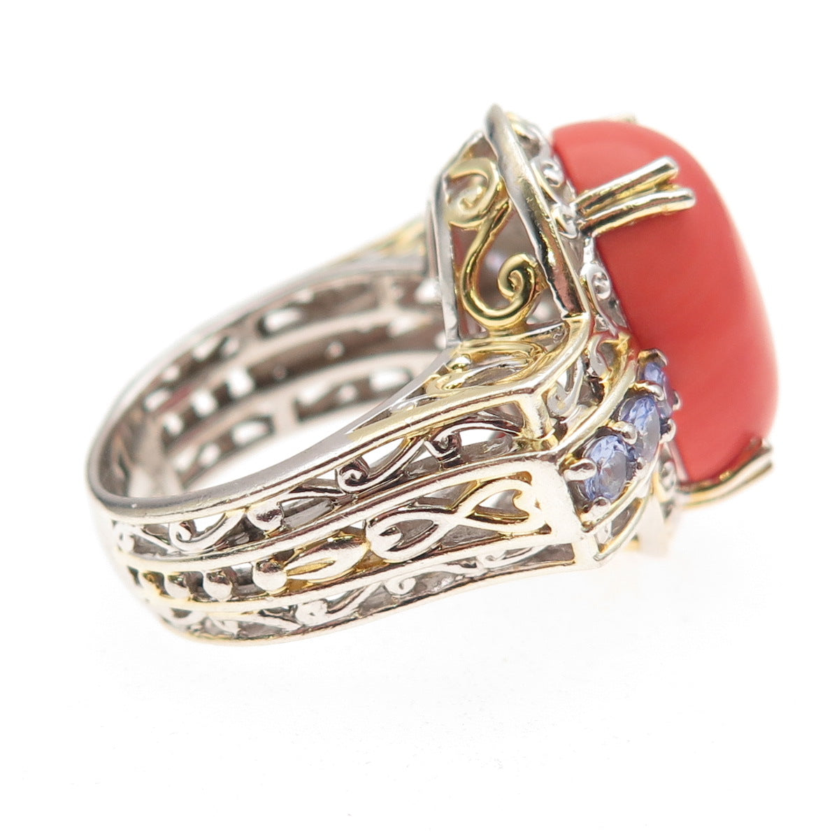 Michael Valitutti Gems En Vogue 925 Sterling 2-Tone Coral Tanzanite Ring Size 7
