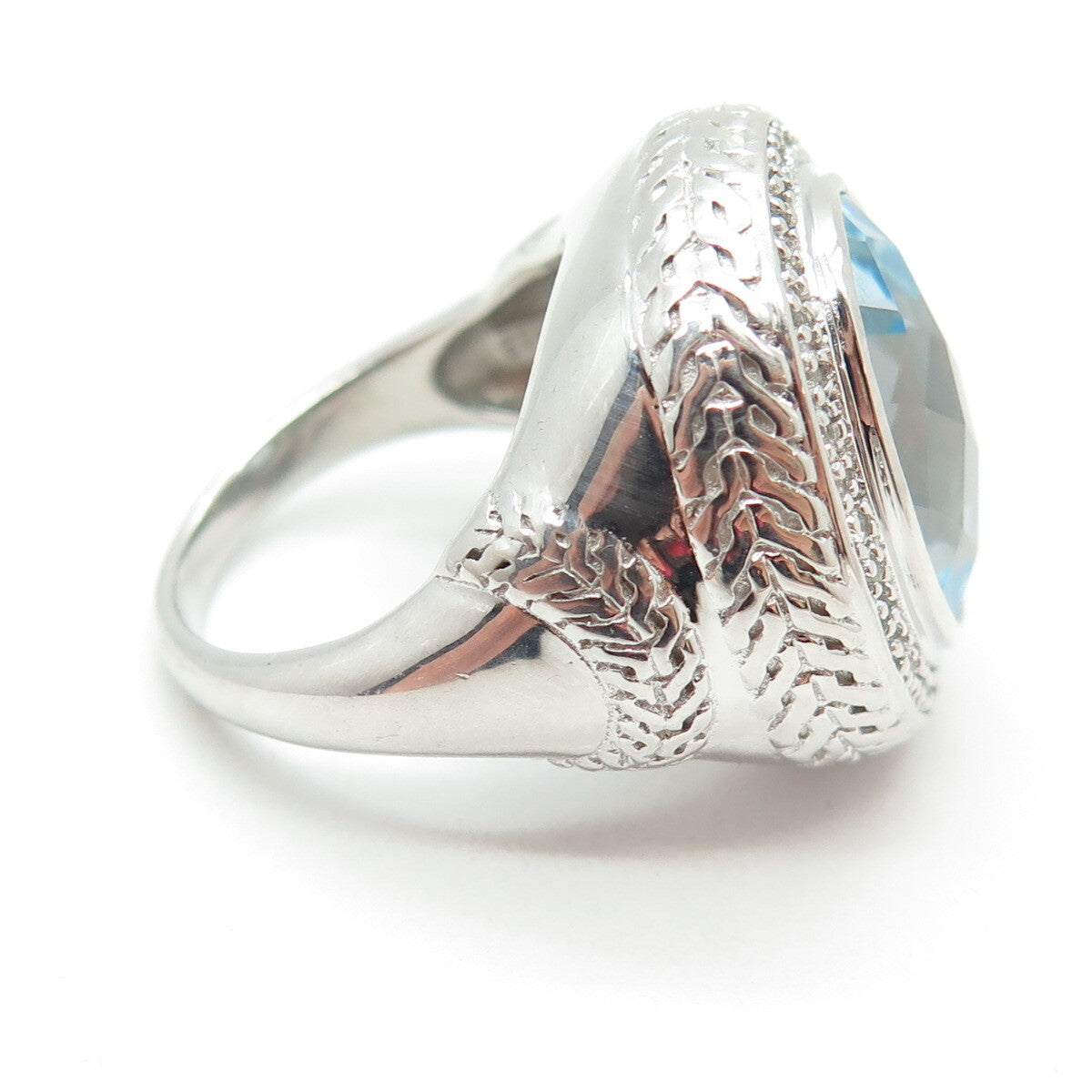 925 Sterling Silver Real Round-Cut White & Oval-Cut Blue Topaz Ring Size 7