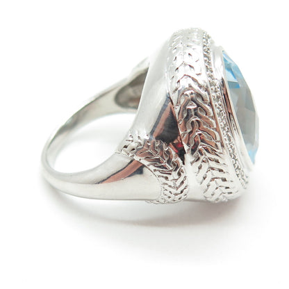 925 Sterling Silver Real Round-Cut White & Oval-Cut Blue Topaz Ring Size 7