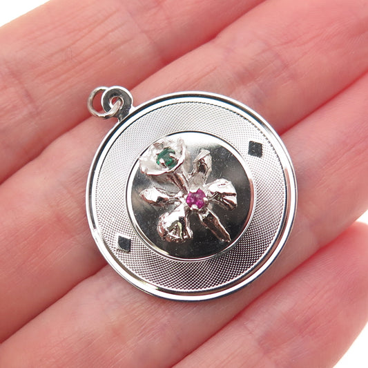 925 Sterling Silver Vintage Multi-Color Rhinestone Flower Charm Pendant