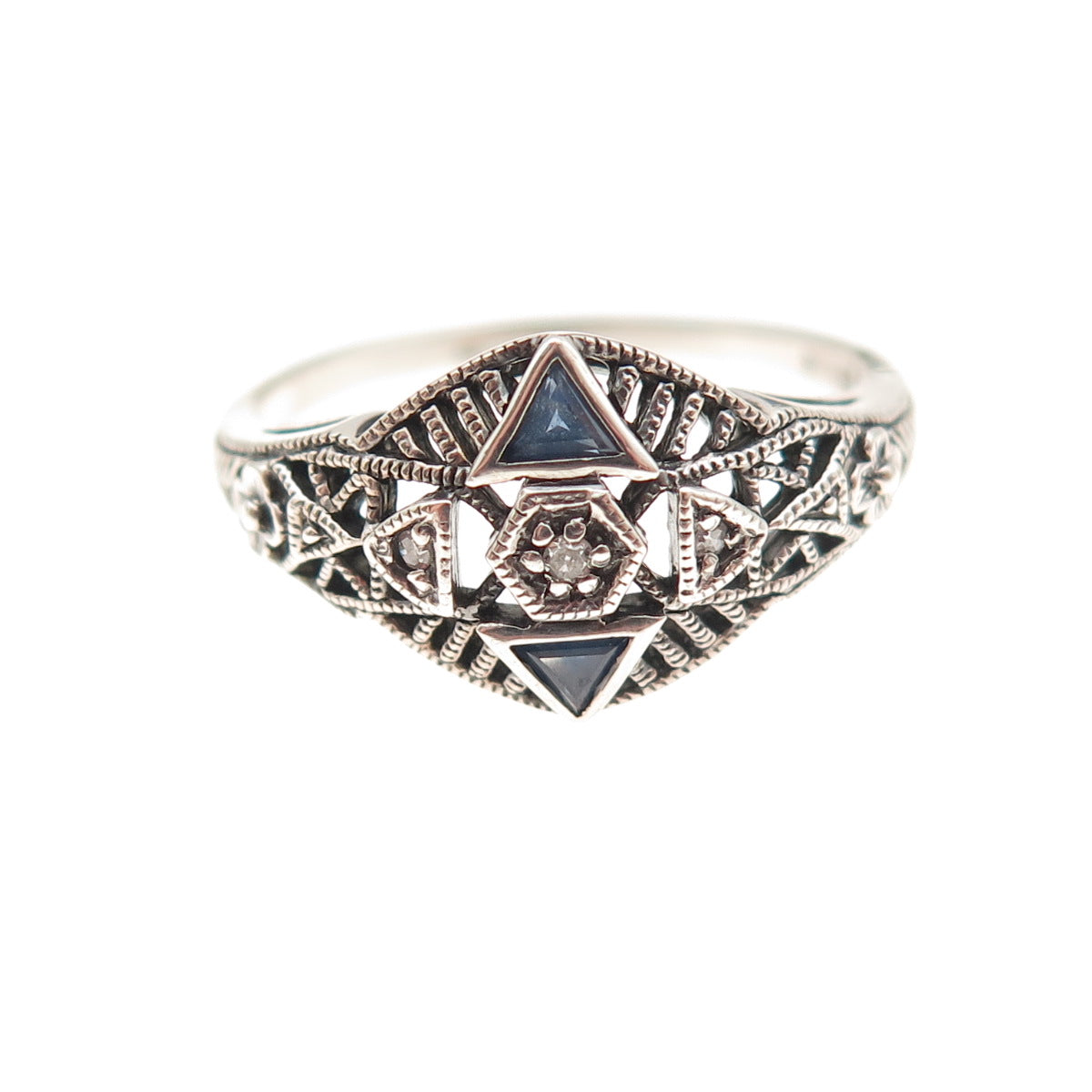 925 Sterling Silver Vintage Real Diamond & Sapphire Oxidized Ring Size 8.25