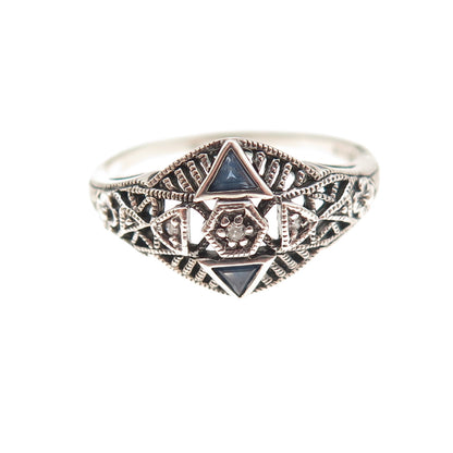 925 Sterling Silver Vintage Real Diamond & Sapphire Oxidized Ring Size 8.25