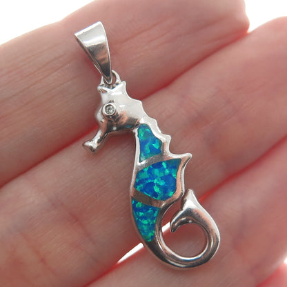 OCEANA & SP 925 Sterling Silver Real Blue Opal Gemstone Seahorse Pendant
