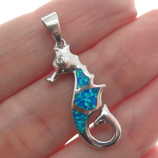 OCEANA & SP 925 Sterling Silver Real Blue Opal Gemstone Seahorse Pendant