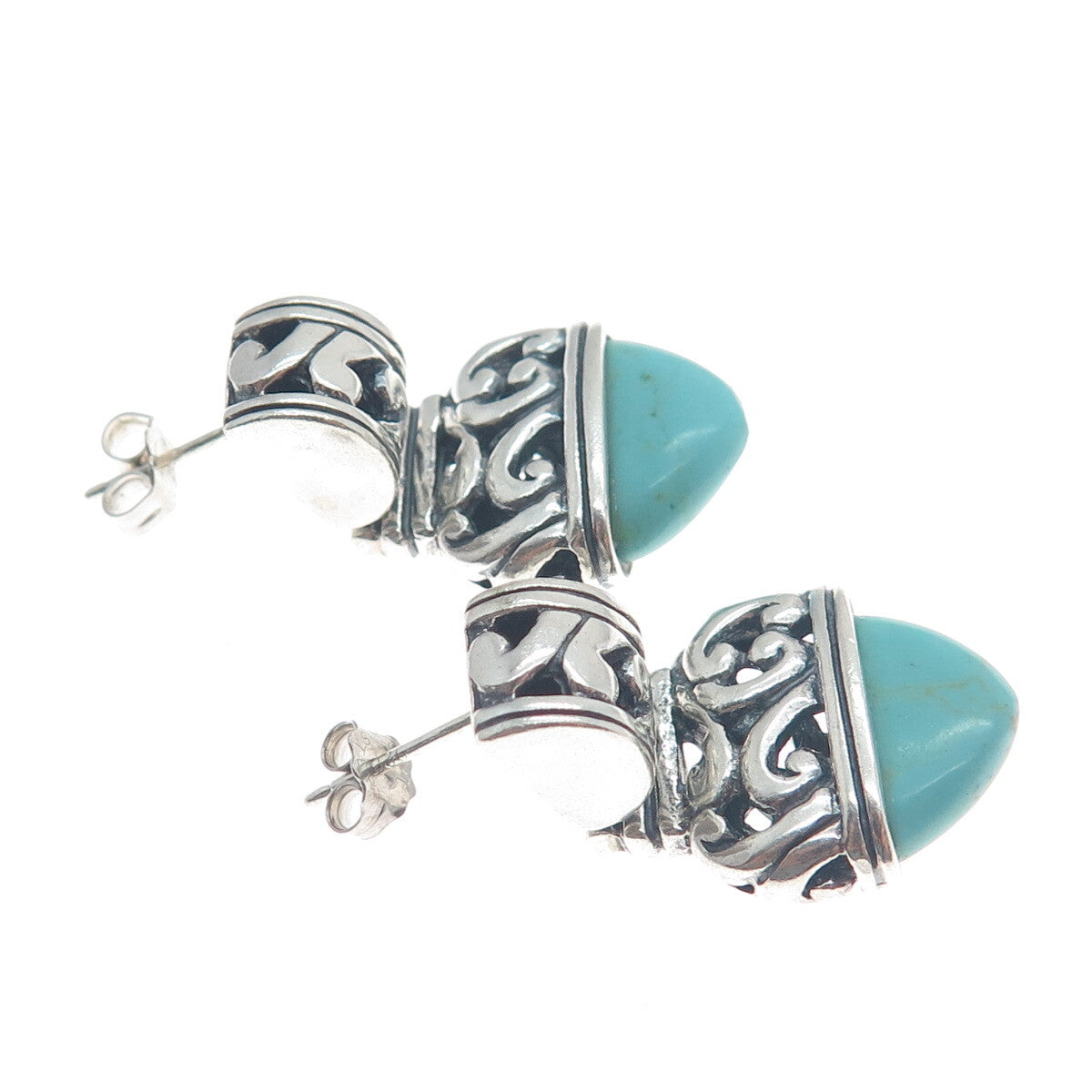 925 Sterling Silver Vintage Real Kingman Turquoise Gem Boho-Style Drop Earrings