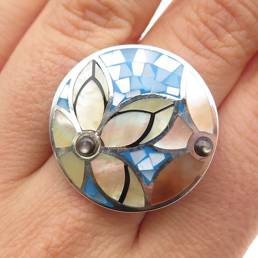 925 Sterling Silver Vintage Real Multi-Color MOP Inlay Flower Ring Size 7