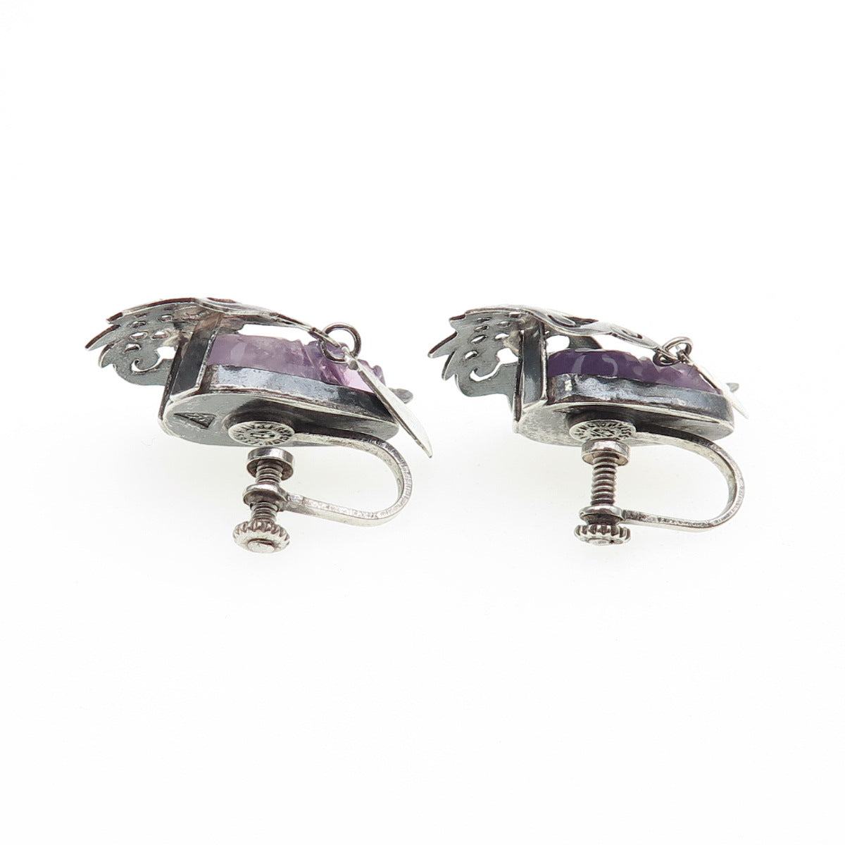 925 Sterling Silver Vintage Mexico Real Amethyst Goddess Screw Back Earrings