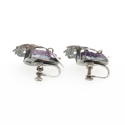 925 Sterling Silver Vintage Mexico Real Amethyst Goddess Screw Back Earrings