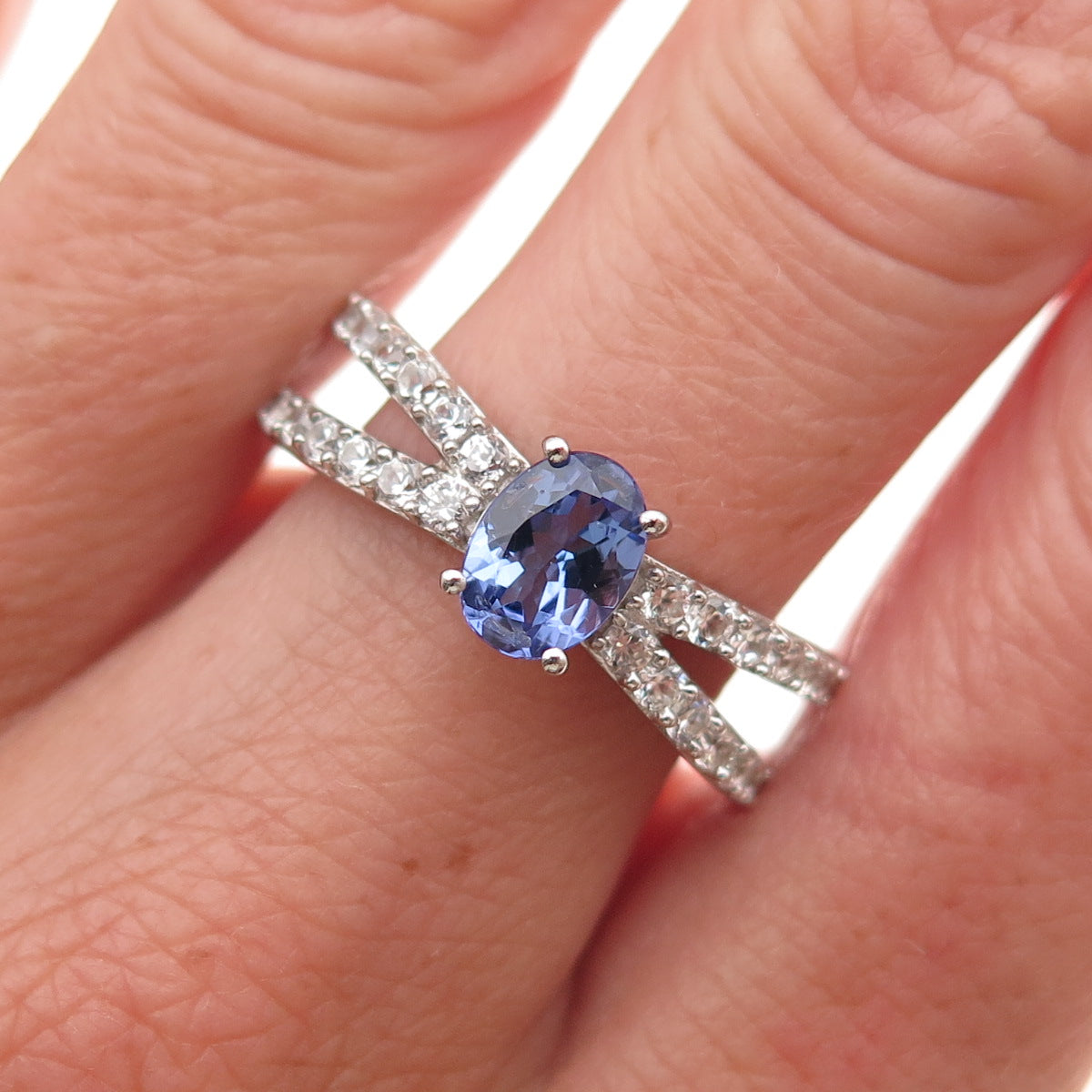 Chuck Clemency 925 Sterling Silver Real Tanzanite & White Topaz Ring Size 8.25