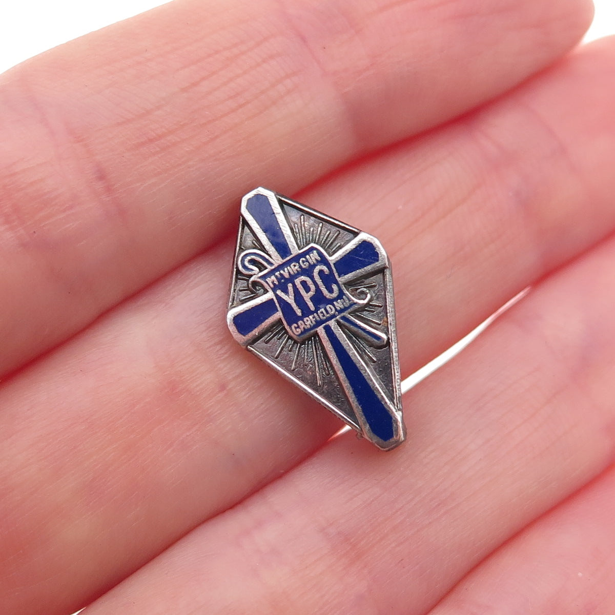 925 Sterling Silver Antique Enamel Mount Virgin Young People's Club Pin Brooch
