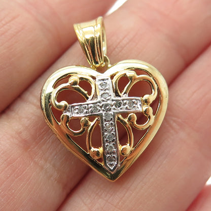 925 Sterling Silver Gold Plated Real Round-Cut Diamond Heart Cross Pendant