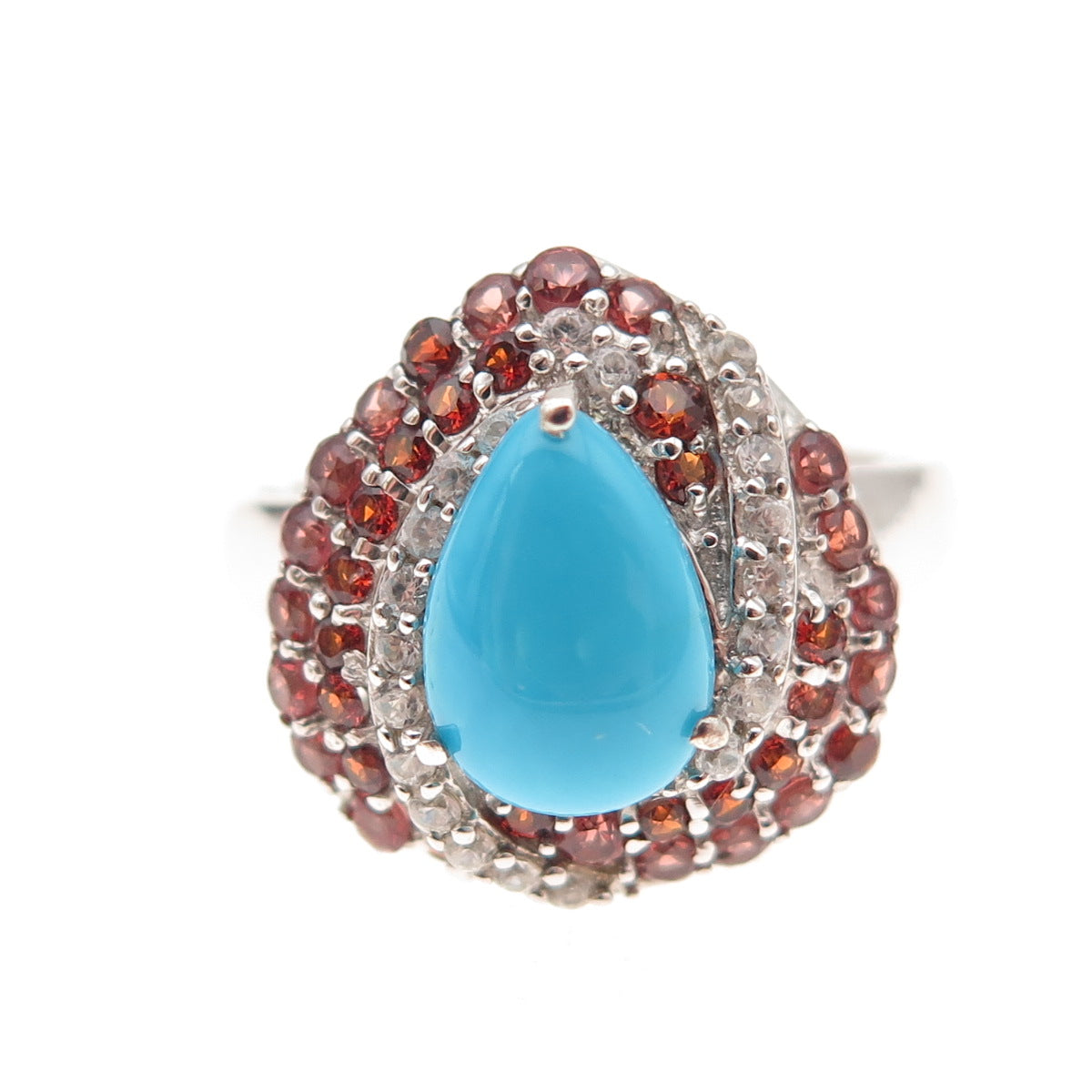 Chuck Clemency Sterling Silver Real Turquoise Red Garnet White Topaz Ring Size 8