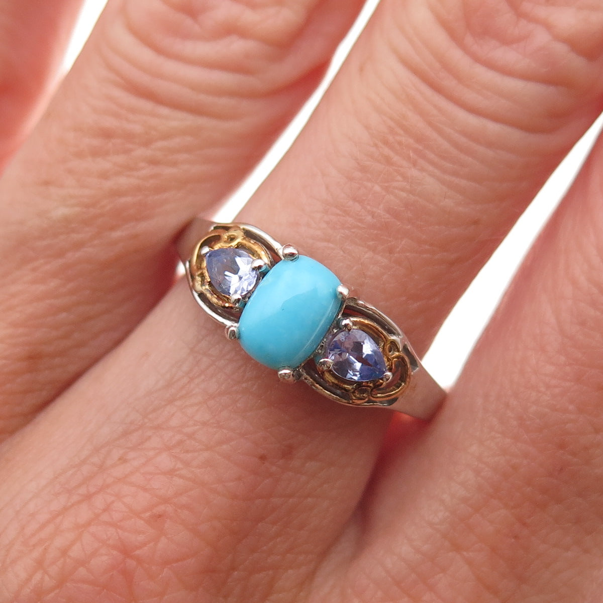 Chuck Clemency 925 Sterling 2-Tone Real Turquoise & Tanzanite Ring Size 8.25