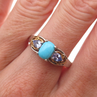Chuck Clemency 925 Sterling 2-Tone Real Turquoise & Tanzanite Ring Size 8.25