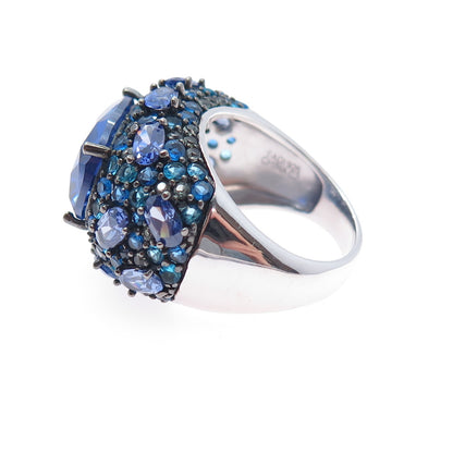 FADI 925 Sterling Silver Oval & Round-Cut Blue C Z Cluster Ring Size 8