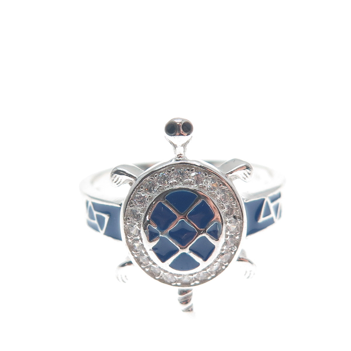 PRIZM 925 Sterling Silver Round-Cut Shaped C Z & Enamel Turtle Ring Size 6.5