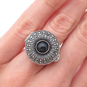 925 Sterling Antique Art Deco Real Black Onyx & Marcasite Locket Ring Size 5