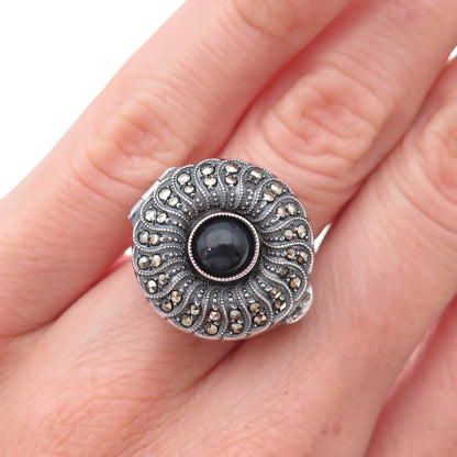 925 Sterling Antique Art Deco Real Black Onyx & Marcasite Locket Ring Size 5