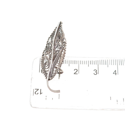 925 Sterling Silver Vintage Floral Leaf Filigree Oxidized Pin Brooch