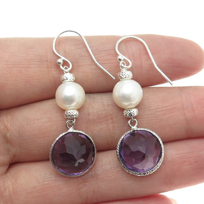 925 Sterling Silver Checkered Amethyst Gem & Faux Pearl Dangle Hook Earrings