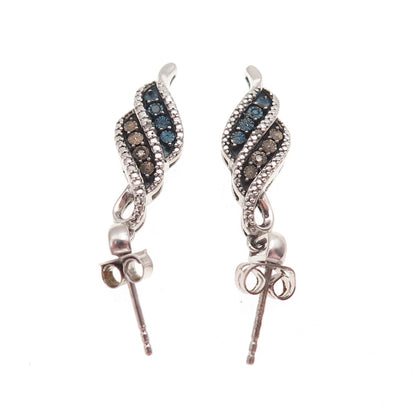 925 Sterling Silver Real Round-Cut Blue & Champagne Diamond Dangle Earrings