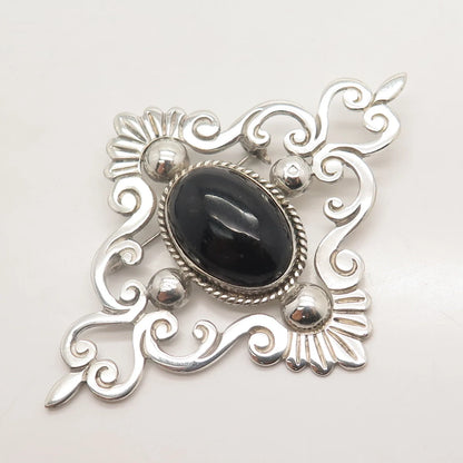 925 Sterling Silver Vintage Mexico Real Black Onyx Gemstone Ornate Pin Brooch