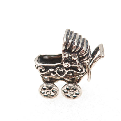 925 Sterling Silver Vintage Baby Stroller Oxidized 3D Charm Pendant