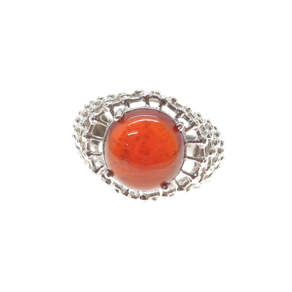 925 Sterling Silver Vintage Real Carnelian Modernist Beaded Mesh Ring Size 9.25