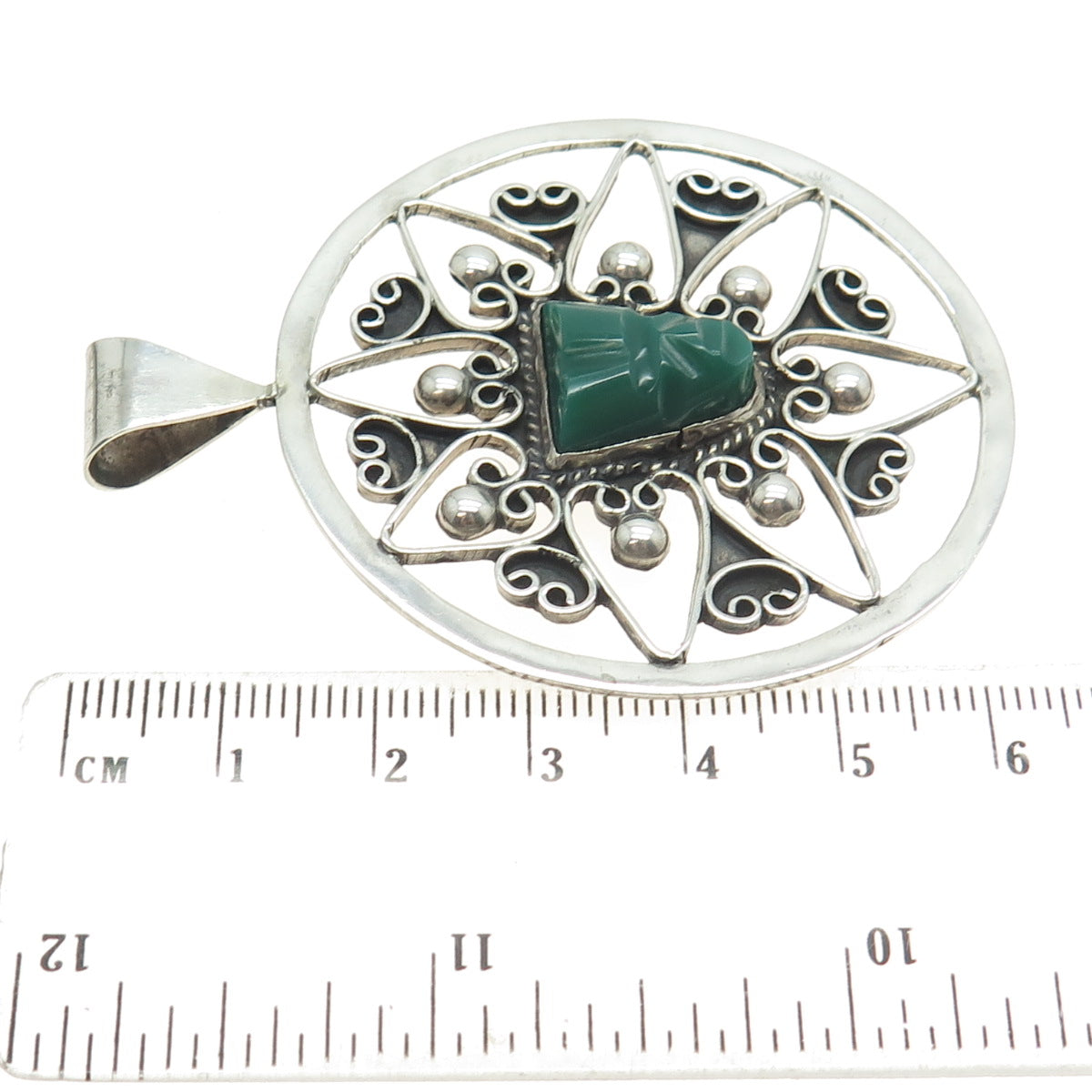 900 Silver Vintage Mexico Real Green Onyx Gemstone Tribal Pendant