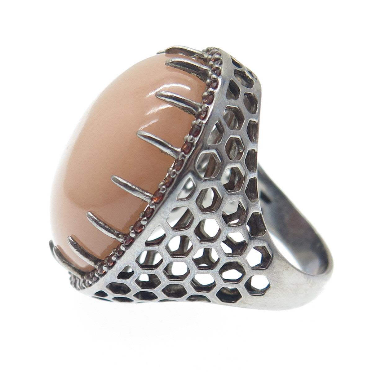 DSMK 925 Sterling Silver Black Rhodium Smoky Chalcedony & Red Garnet Ring Size 7