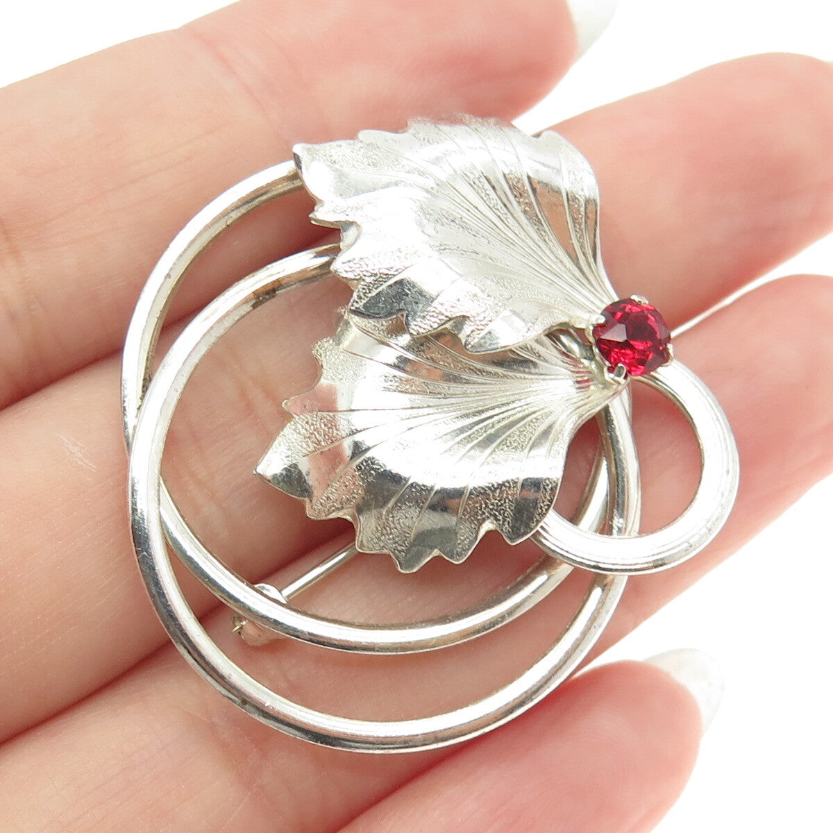 FORSTNER 925 Sterling Silver Antique Art Deco Rhinestone Floral Leaf Pin Brooch