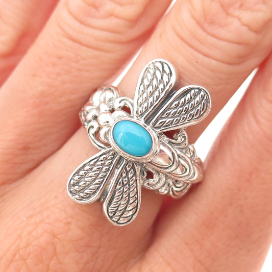 925 Sterling Silver Vintage Real Turquoise Dragonfly Oxidized Ring Size 9.25