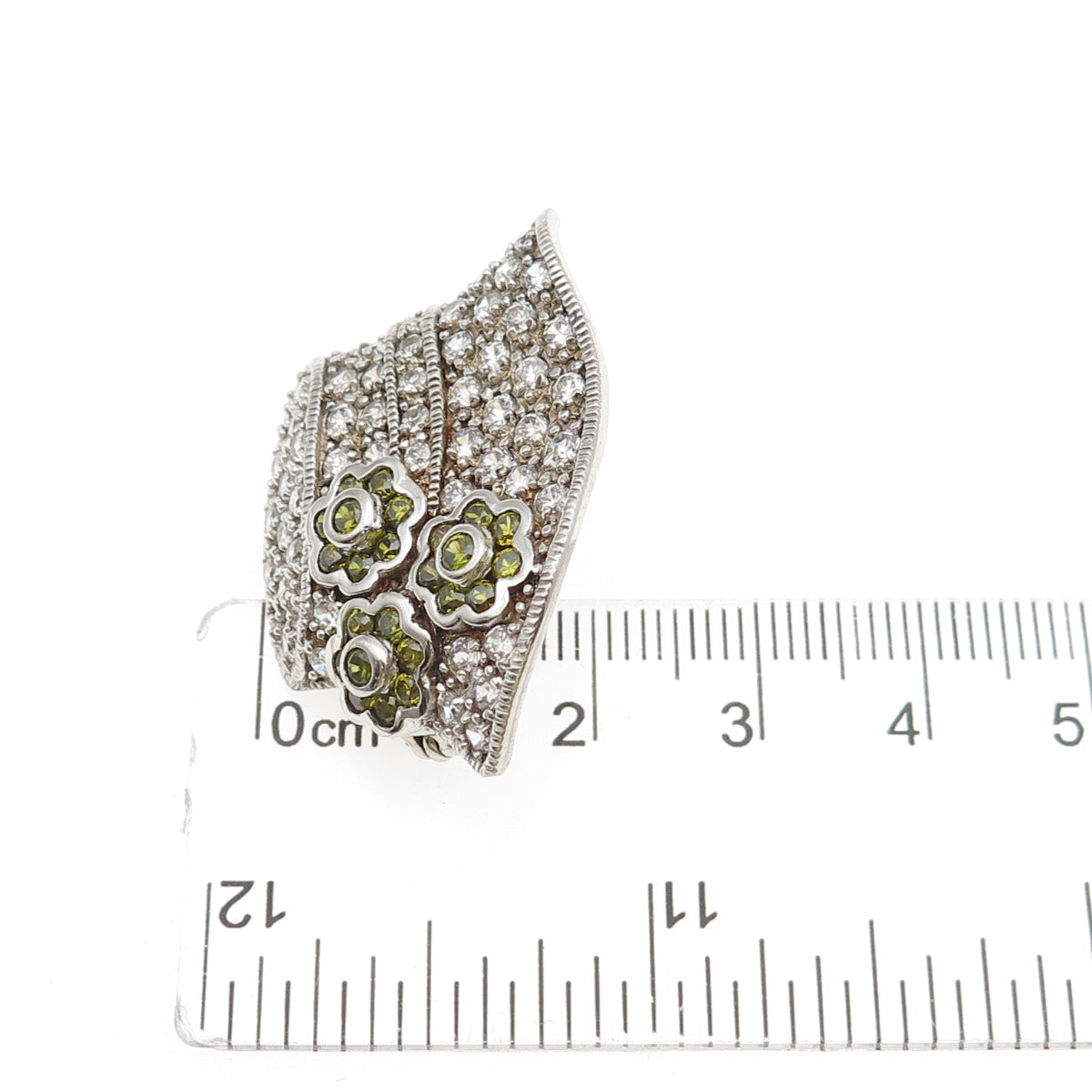 925 Sterling Silver Vintage Round-Cut Green & White C Z Summer Hat Pin Brooch