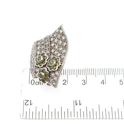 925 Sterling Silver Vintage Round-Cut Green & White C Z Summer Hat Pin Brooch