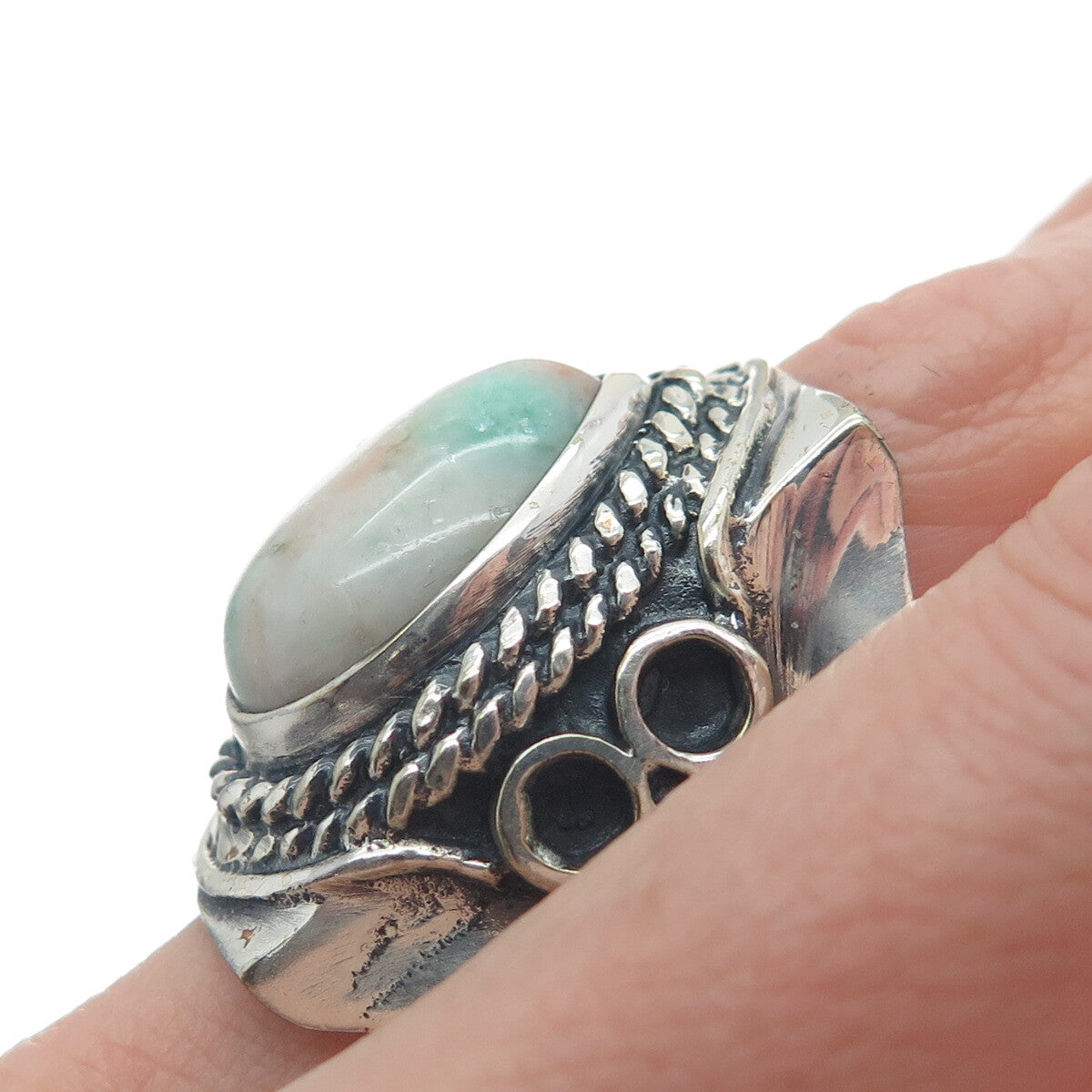 925 Sterling Silver Vintage Real Pear-Cut Amazonite Oxidized Ring Size 11