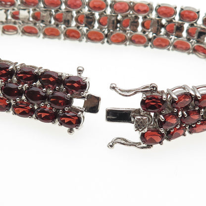 925 Sterling Silver Vintage Real Oval-Cut Red Garnet 3-Row Link Bracelet 7.5"