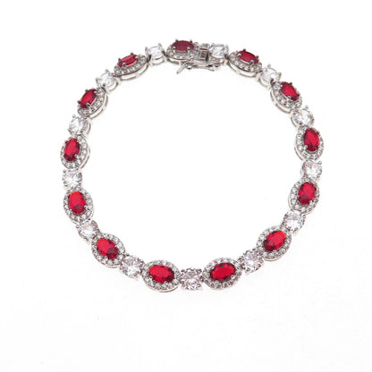 925 Sterling Silver Oval-Cut Red & Round-Cut White C Z Bracelet 7.25"