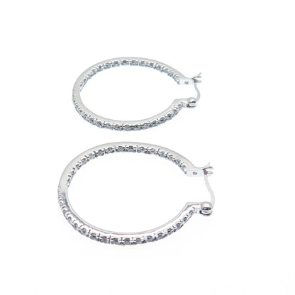 925 Sterling Silver Round-Cut C Z In & Out Hoop Earrings