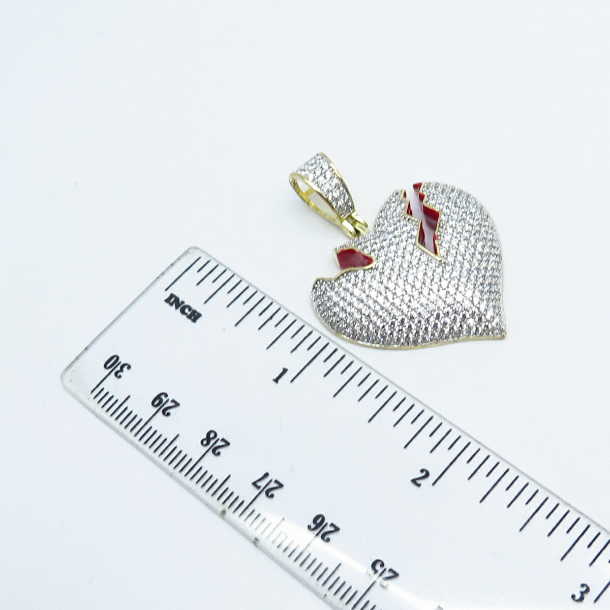 925 Sterling Silver Gold Plated Pave C Z & Red Enamel Heart Pendant