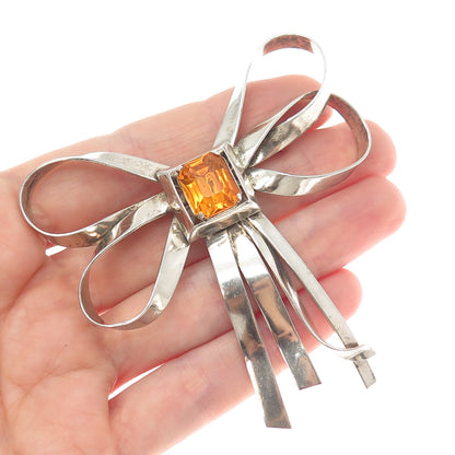 925 Sterling Silver Antique Art Deco Real Citrine Bow Pin Brooch