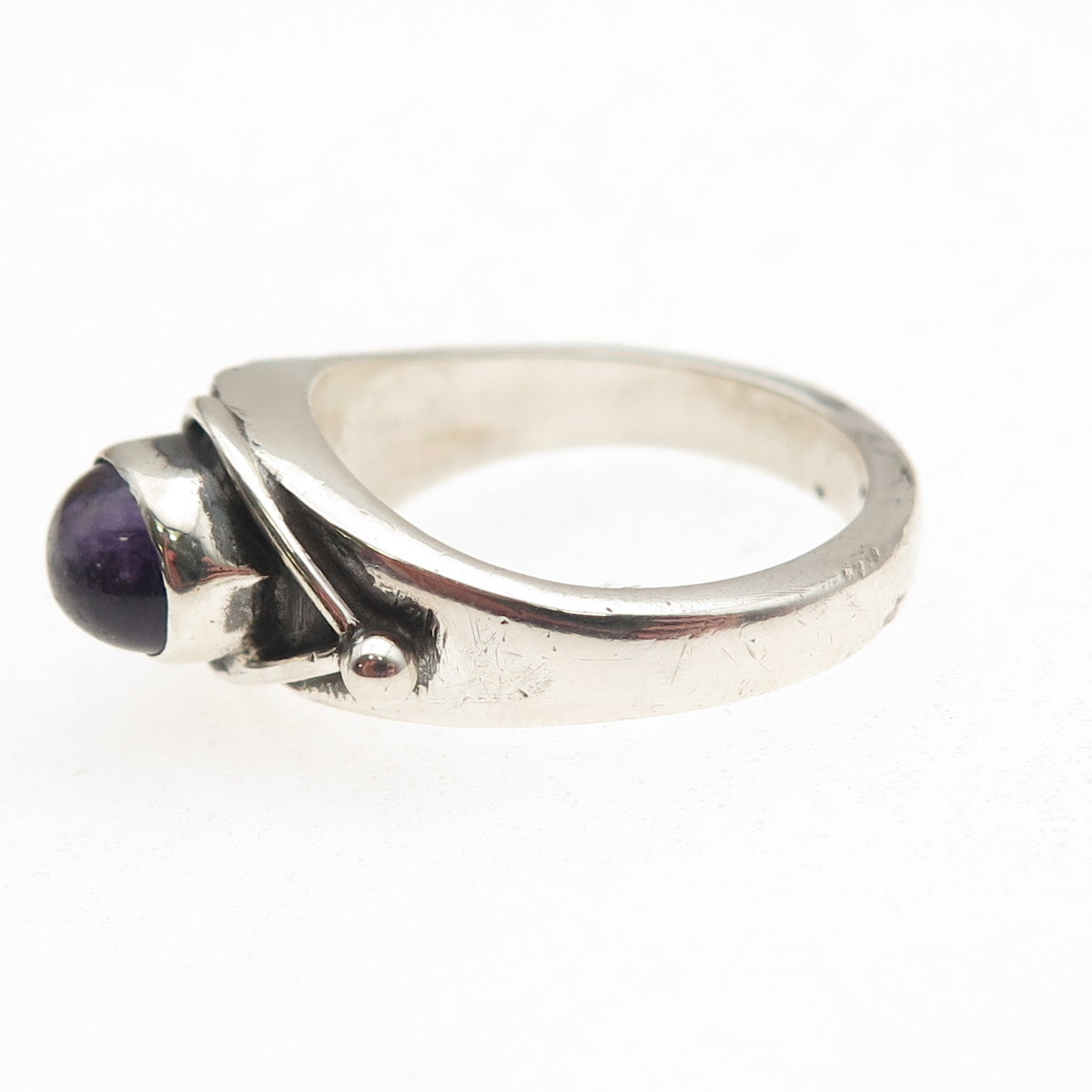 925 Sterling Silver Vintage Real Amethyst Modernist Oxidized Ring Size 8.5